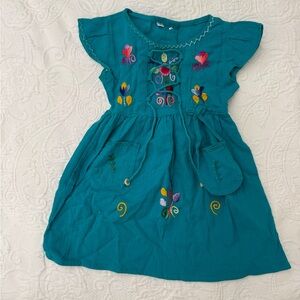 Toddler Girls Teal Embroidered Flutter-Sleeve Dress